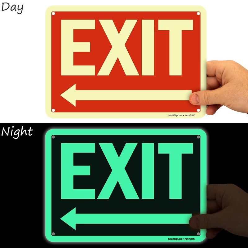 SmartSign "Exit" Sign with Left Arrow | 7" x 10" Glow-in-the-Dark Aluminum, Made in USA - Image 2